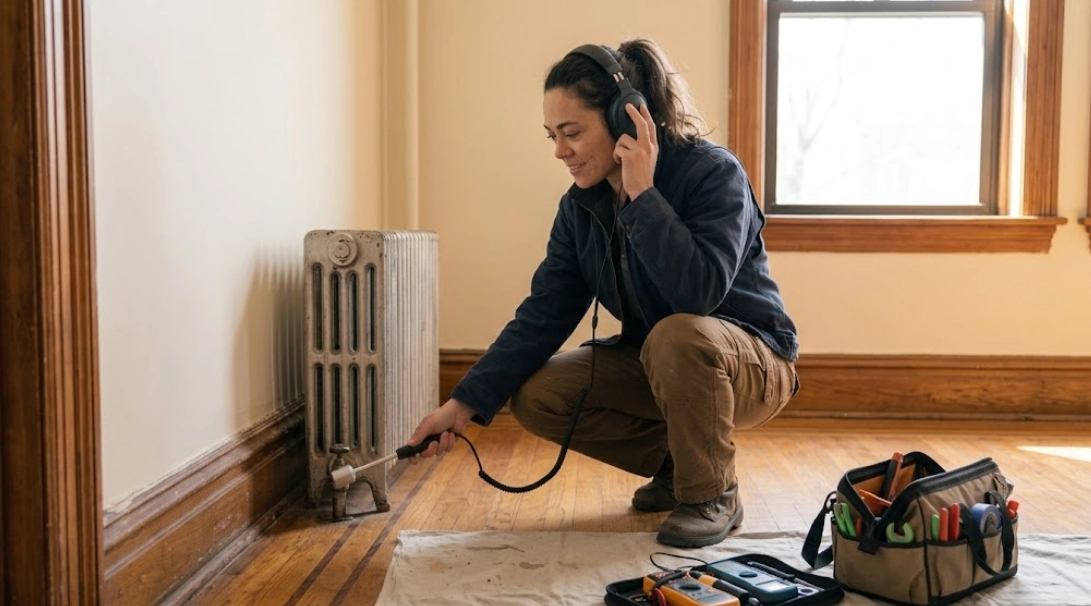 Technician using electronic acoustic listening disc and thermal sensor to trace concealed water leak inside an apartment wall